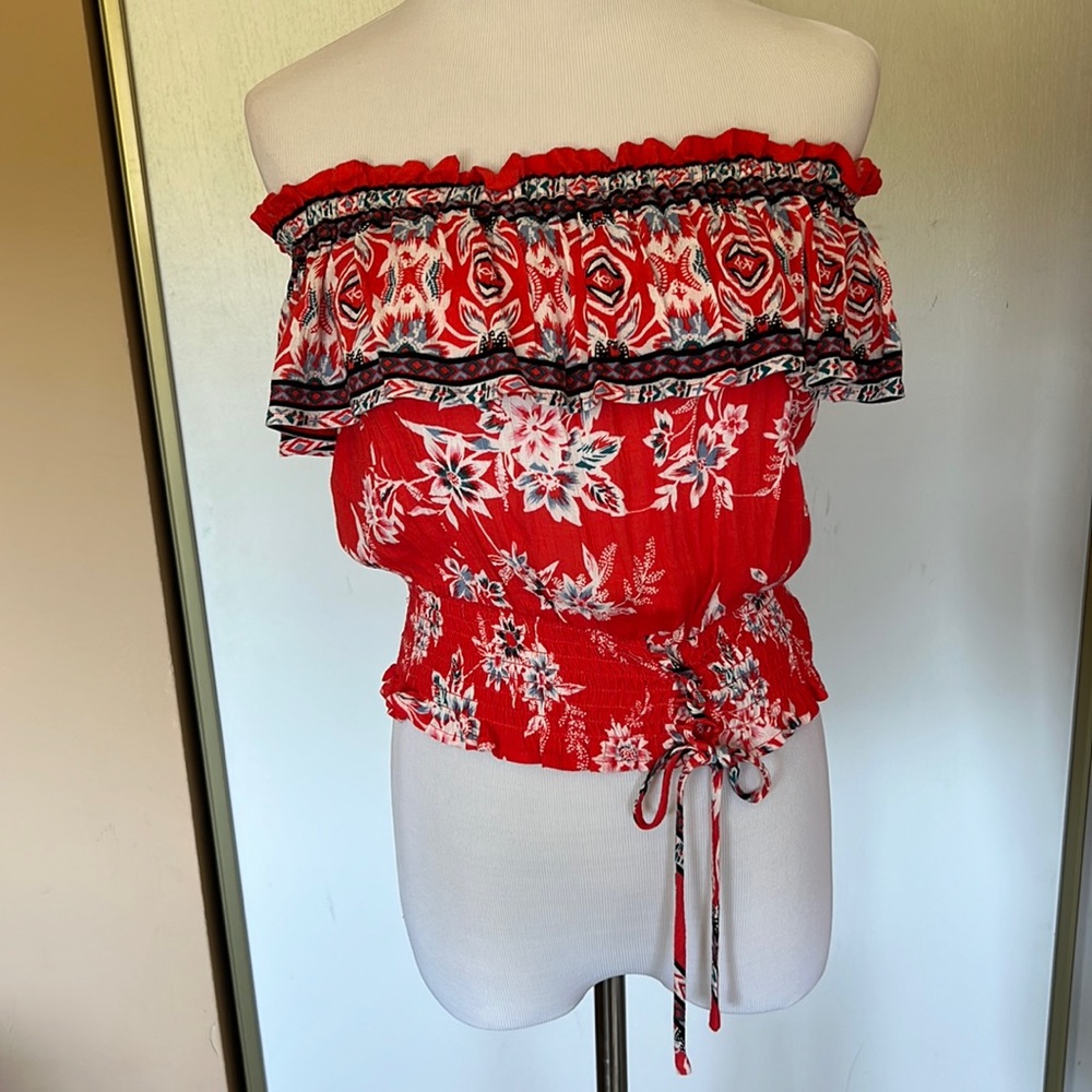 American Rag Red floral ruffle off the shoulder top.